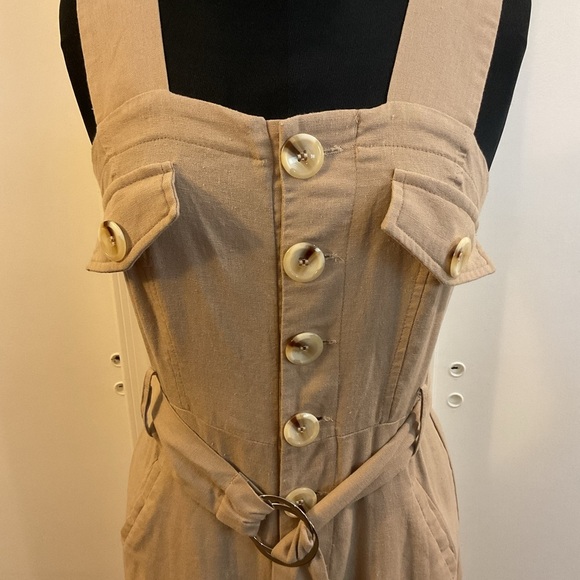 🌹 Khaki Beige Belted Utility Linen Button Down Sleeveless Jumpsuit - Picture 4 of 8